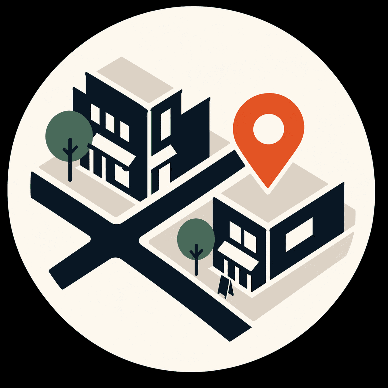 Two Blocks Down street-grid logo with neighborhood buildings and an orange location pin
